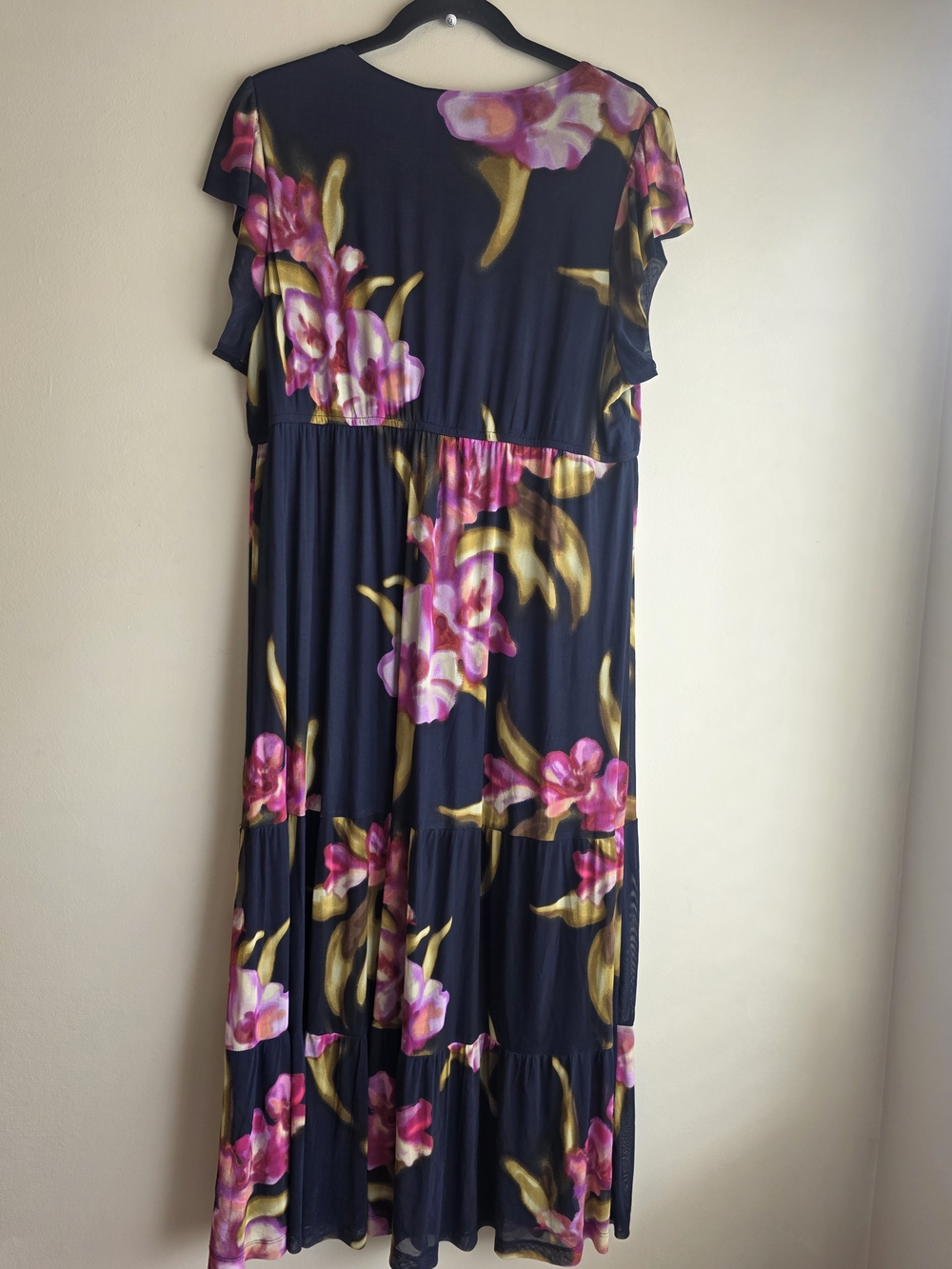 NWT Les Serein Navy Pink Floral Mesh Flutter Sleeve Maxi Dress XL - Picture 5 of 7